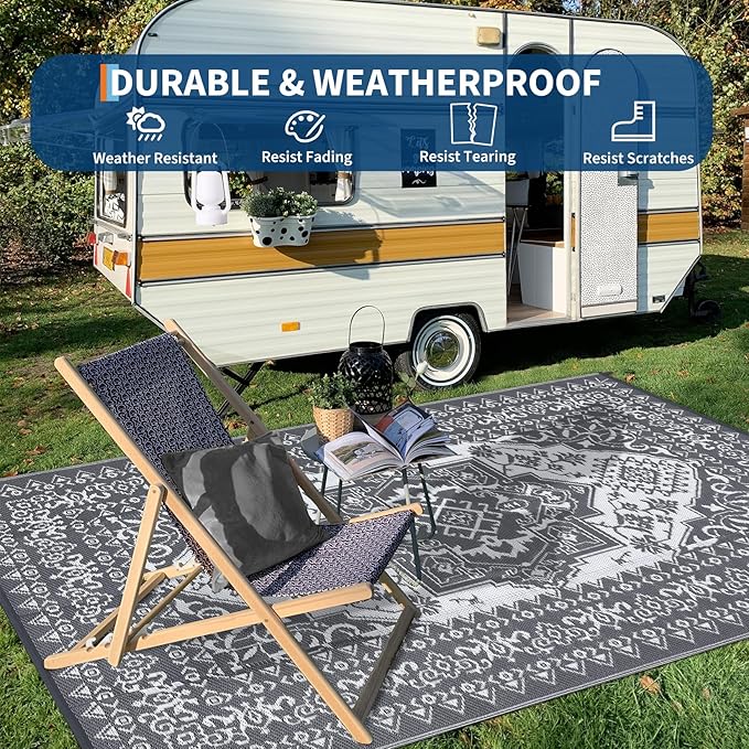 GAOMON Outdoor Patio Rug 9x12 Waterproof Reversible Plastic Straw Rug, Large UV-Resistant Portable RV Camping Mats, Indoor Outdoor Rugs for Outside Deck Porch Garden RV, Gray & White-HomvellaHome