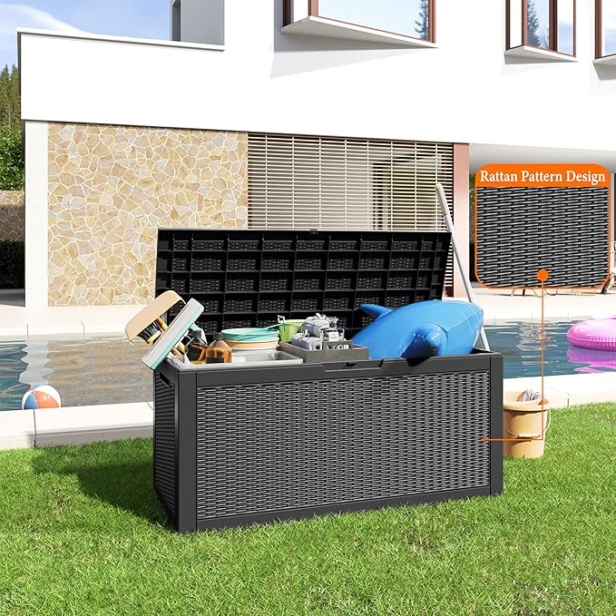 100 Gallon Resin Deck Box, Lockable Patio Outdoor Storage Box for Furniture, Garden Tools and Tools Storage, Waterproof Outside Storage Boxes - Black-HomvellaHome