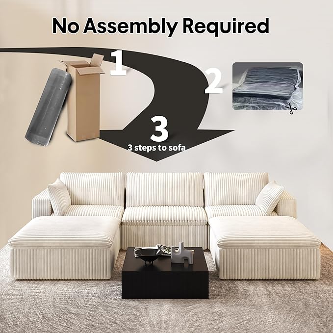 118" U Shaped Modern Sofa Modular Sectional Cloud Couch with 2 Ottoman,Upholstered Couches with Corduroy Fabric for Living Room Furniture,Bedroom and Apartment,No Assembly Required,White-HomvellaHome