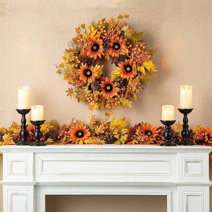 Glitzhome 24'' Fall Wreath for Front Door Decor, Artificial Autumn Orange Wreath with Sunflower, Maple Leaf and Berry Ornament for Wall Fireplace Farmhouse Thanksgiving Day Harvest Festival Decor-HomvellaHome