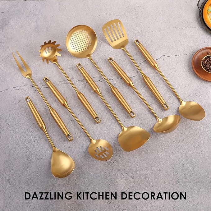 Gold Kitchen Utensils Set - 18/10 Stainless Steel Cooking Tools, 15" All Metal Serving Utensils with Fork, Solid/Slotted Spoon, Spatula, Ladle, Skimmer, Tunner, Pasta Spoon, Large Spoon, Set of 9-HomvellaHome