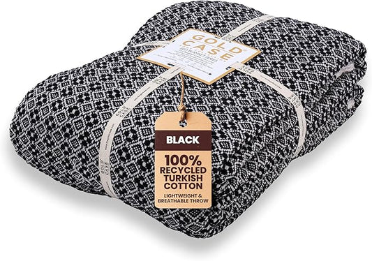 Gold Case Throw Blanket for Bed – 100% Recycled Turkish Cotton Bed Blanket – Decorative Throw Cotton Blankets for Living Room & Bedroom – Retro Black Woven Queen Blankets – 90x90-HomvellaHome