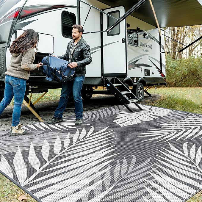 GENIMO Outdoor Rug 10' x 10' Waterproof for Patios Clearance, Reversible Outdoor Plastic Straw Camping Rug Carpet, Large Area Rugs Mats for RV, Camper, Deck, Balcony, Porch, Beach, Picnic, Grey&White-HomvellaHome