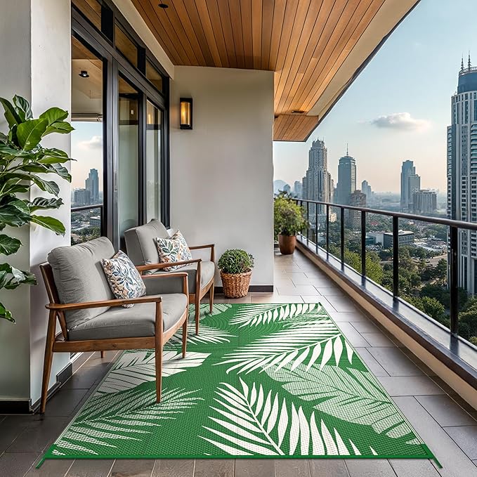 GENIMO Outdoor Rug 9' x 12' Waterproof for Patios Clearance, Reversible Outdoor Plastic Straw Camping Rug Carpet, Large Area Rugs Mats for RV, Picnic, Backyard, Deck, Balcony, Porch, Dark Green&White-HomvellaHome