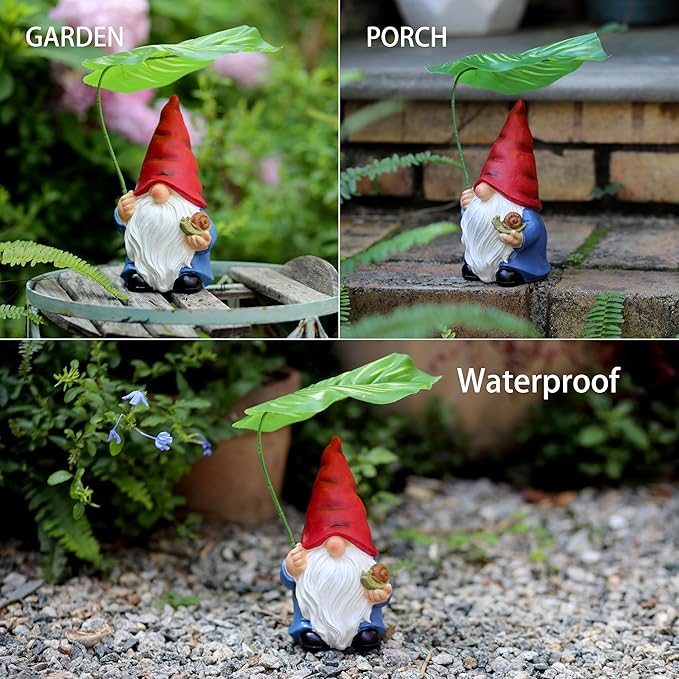 Garden Gnome Statue Decoration with Leaf Umbrella, 7.5” Figurine Ornament for Indoor Outdoor Home Patio Yard Lawn, for Gnome Lovers & Garden Enthusiasts，Mom，Women-HomvellaHome