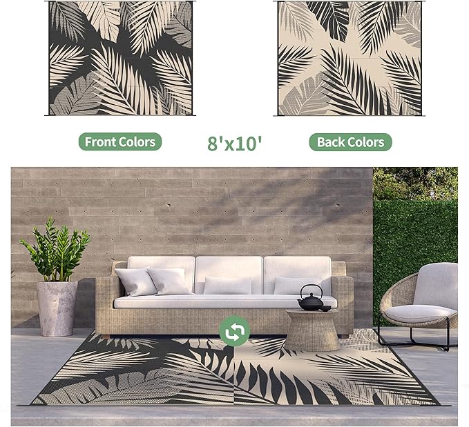 GENIMO Outdoor Rug 8' x 10' Waterproof for Patios Clearance, Reversible Outdoor Plastic Straw Camping Rug Carpet, Large Area Rugs Mats for RV, Camper, Deck, Balcony, Porch, Beach, Picnic, Black&Beige-HomvellaHome