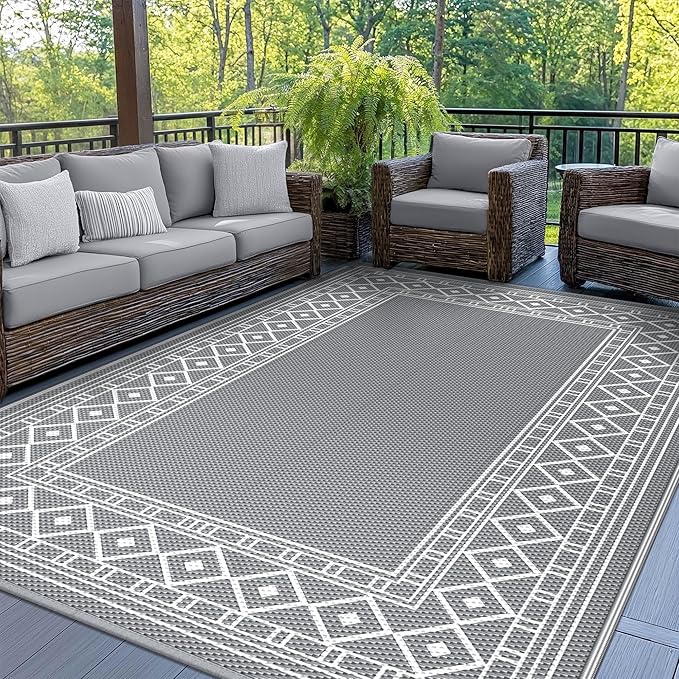 GENIMO Outdoor Rug Waterproof for Patio Decor, 5'x8' Reversible Plastic Straw Area Carpet, Camping Outside Mat for Outdoor, RV, Deck, Camper, Balcony,Picnic Grey & White-HomvellaHome