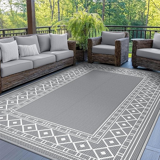 GENIMO Outdoor Rug Waterproof for Patio Decor, 8'x10' Reversible Outdoor Plastic Straw Rug Carpet, Camping Mats for Outdoor Decor, RV, Backyard, Deck, Balcony, Picnic, Grey & White-HomvellaHome