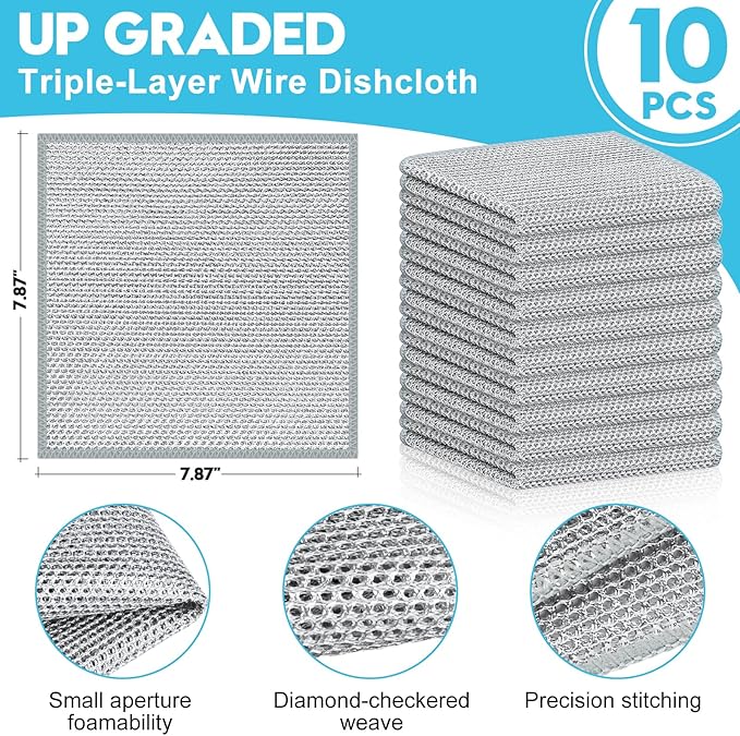 10 Pcs New Upgraded 3 Layers Non Scratch Wire Dishcloth, Multipurpose Wire Dishwashing Rags, Wet & Dry for Cookware, Sinks, Dishes, Stoves & Fireplaces 7.87“ x 7.87”-HomvellaHome