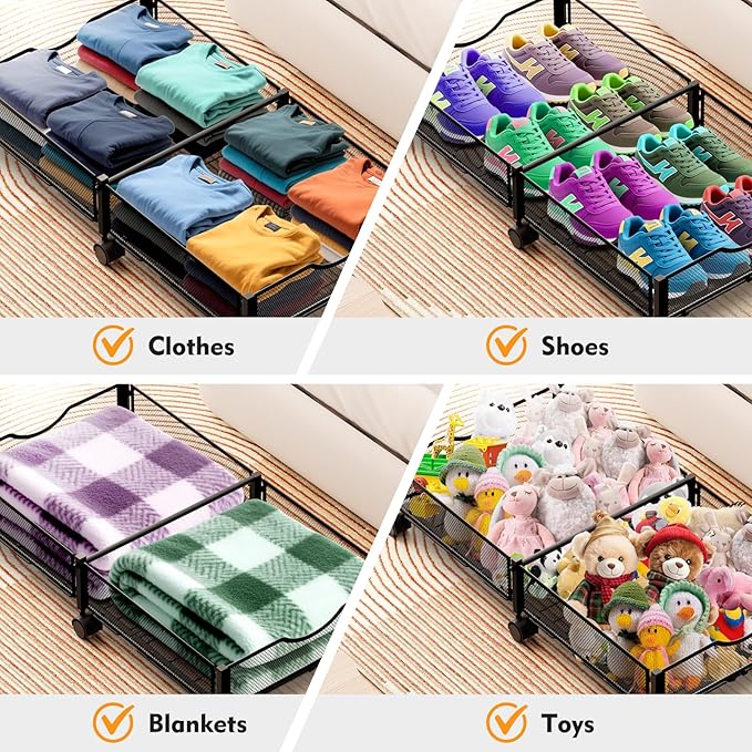 2 Pack Under Bed Storage with Wheels, 36" Lengthen Underbed Storage Containers with Lids, Large Capacity Under Bed Shoe Storage, Metal Clothes Organizer, Storage Box for Clothing Shoes Blankets Sheet-HomvellaHome