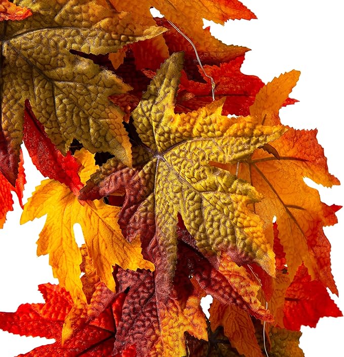 Glitzhome 24 Inch Pre-lit Fall Wreath, Autumn Wreath for Front Door, Lighted Maple Leaves Wreaths with Timer for Thanksgiving Halloween Christmas Wall Front Porch Home Decoration-HomvellaHome
