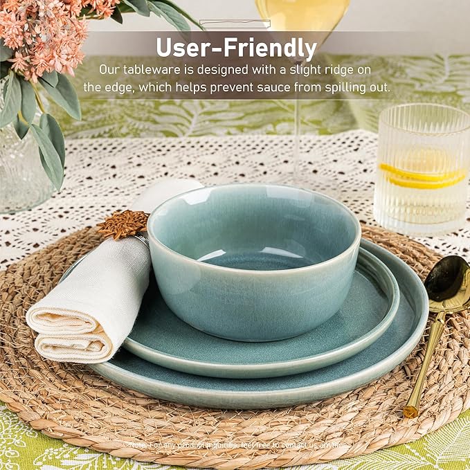 GBHOME Ceramic Dinnerware Sets for 4, 12 Pieces Stoneware Plates and Bowls Sets, Scratch Resistant Dishes, Dishwasher & Microwave Safe, Reactive Glaze-Malachite Green-HomvellaHome