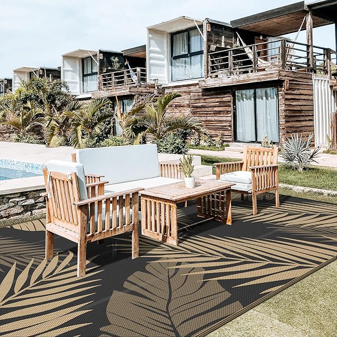 GENIMO Outdoor Rug 10' x 20' Waterproof for Patios Clearance, Reversible Outdoor Plastic Straw Camping Rug Carpet, Large Area Rugs Mats for RV, Camper, Deck, Balcony, Porch, Beach, Picnic, Black&Brown-HomvellaHome