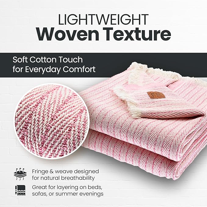 Gold Case Throw Blanket for Couch – 100% Recycled Turkish Cotton Blankets & Throws – Elegant Decorative Throw Blankets for Living Room Sofa – Woven Throws for Couch – Vintage Pink – 50x60 (Set of 2)-HomvellaHome