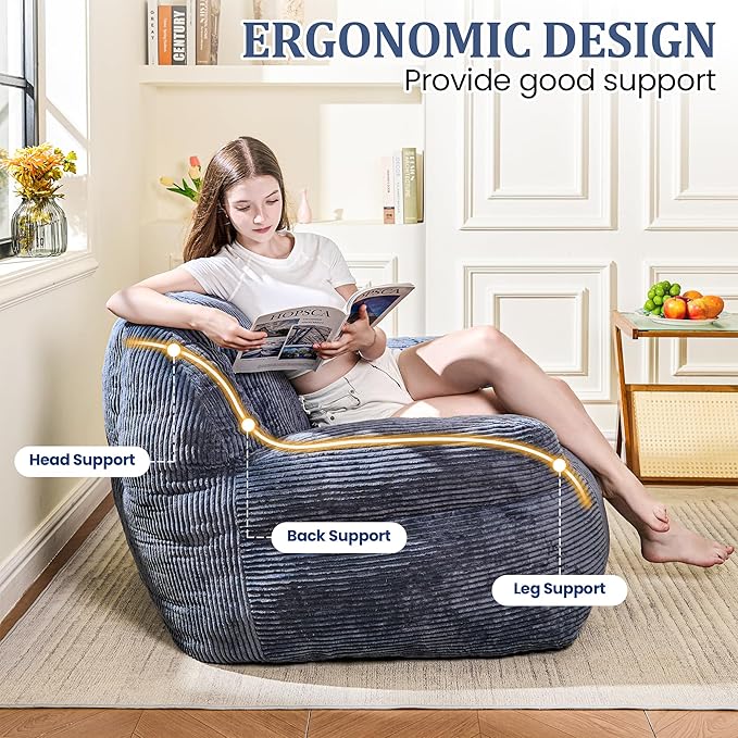 Giant Bean Bag Chair, Faux Fur Bean Bag Chair for Adults, Fluffy and Comfy Bean Bags with Filler, Big Bean Bag Sofa Chair for Reading, Gaming, Stuffed High-Density Foam, Grey-HomvellaHome