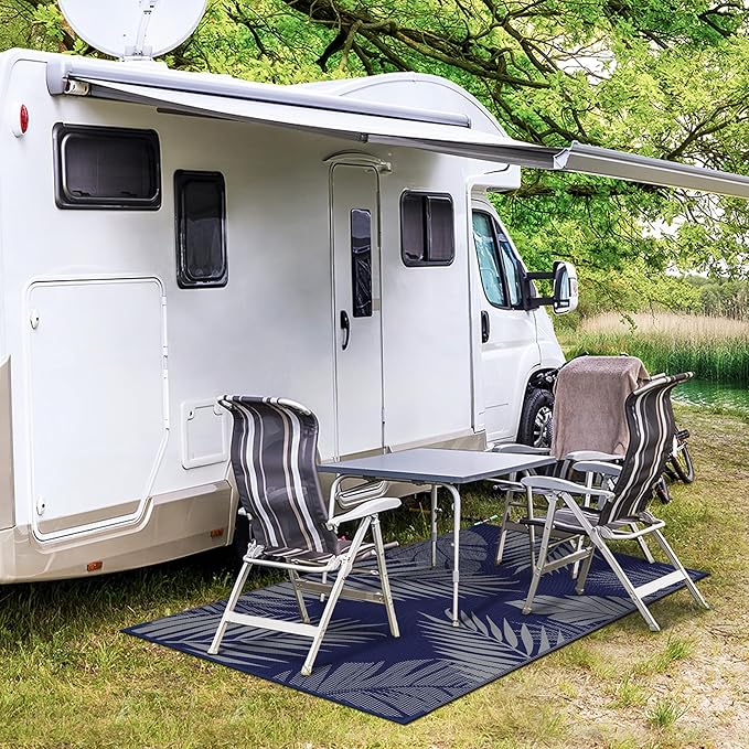 GENIMO Outdoor Rug 3' x 5' Waterproof for Patios Clearance, Reversible Outdoor Plastic Straw Camping Rug Carpet, Large Area Rugs Mats for RV, Camper, Deck, Balcony, Porch, Beach, Picnic Navy Blue&Grey-HomvellaHome