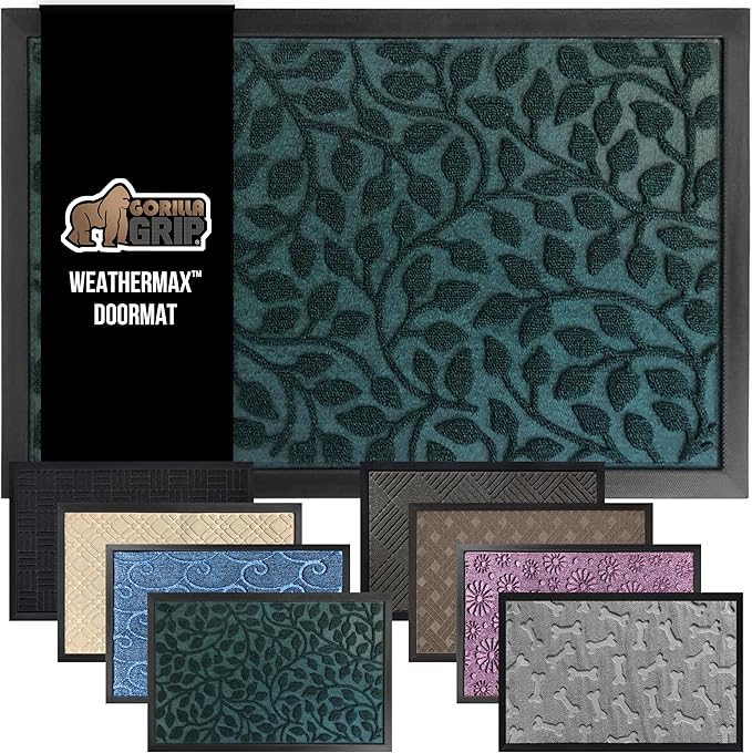 GORILLA GRIP 100% Waterproof All-Season WeatherMax Doormat, US Designed Natural Rubber, Stain and Fade Resistant, Low Profile Indoor Outdoor Door Mats, Easy Clean Patio Mat, 17x29, Moss Vine Leaves-HomvellaHome