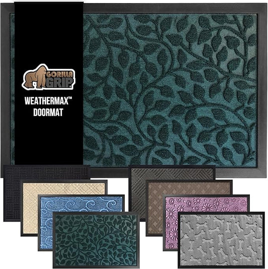 GORILLA GRIP 100% Waterproof All-Season WeatherMax Doormat 35x23, US Designed Natural Rubber, Stain and Fade Resistant, Low Profile Indoor Outdoor Door Mats, Easy Clean Patio Mat, Moss Vine Leaves-HomvellaHome