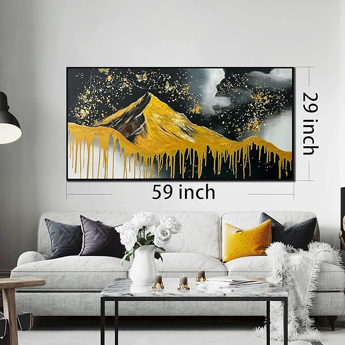 Gold Mountains Painted Wall Art for Living Room - Hand Painted Abstract Wall Art for Office - Black Framed Wall Art for Bedroom Size 29" x 59"-HomvellaHome