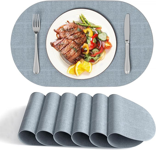 DOLOPL Large Placemats Set of 6, Oval Reversible Wipeable & Non-Slip Place Mats, Modern Faux Leather Table Mats for Kitchen, Neutral Tablemats for Dining Table Decor, Wedding, Party(Dusty Blue)