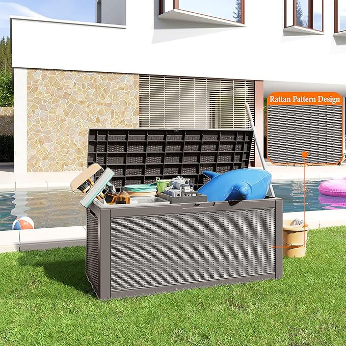 100 Gallon Resin Deck Box, Lockable Patio Outdoor Storage Box for Furniture, Garden Tools and Tools Storage, Waterproof Outside Storage Boxes - Grey-HomvellaHome