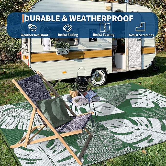 GAOMON Waterproof Plastic Straw Rug 9x12 Outdoor Patio Rug, Reversible Modern Camping Mat with Bag & Stakes, UV Resistant & Easy to Clean Outdoor Carpet for RV, Deck, Balcony, Green-HomvellaHome