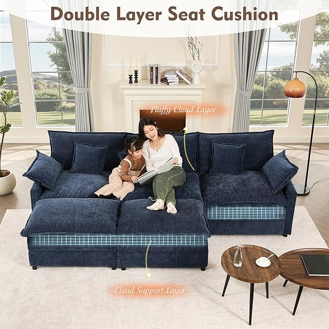 108" U Shaped Couch, Modular Sectional Sofa, 3-Seater Comfy Cloud Couch with Movable Ottoman, Deep Seat Couches for Living Room, Chenille, Navy-HomvellaHome