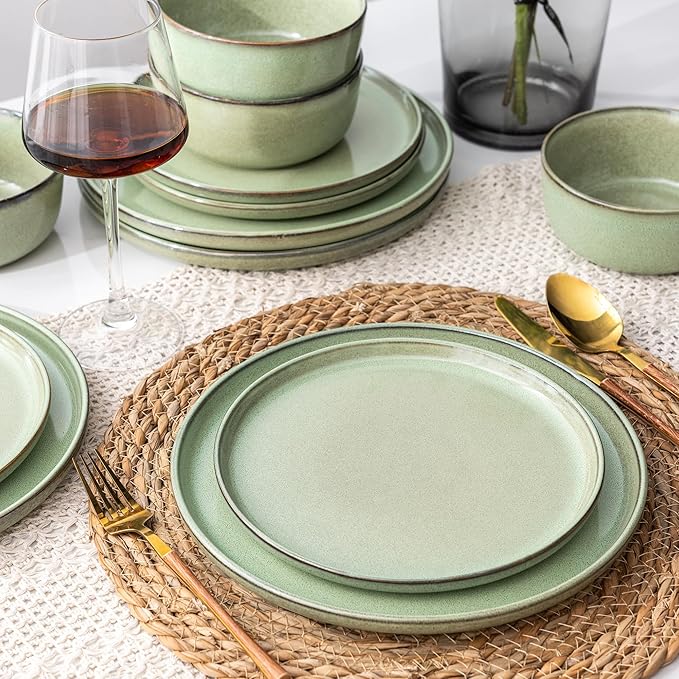 GBHOME Ceramic Dinnerware Sets for 8, 24 Pieces Stoneware Plates and Bowls Sets, Scratch Resistant Dishes, Dishwasher & Microwave Safe-Pastel Green-HomvellaHome