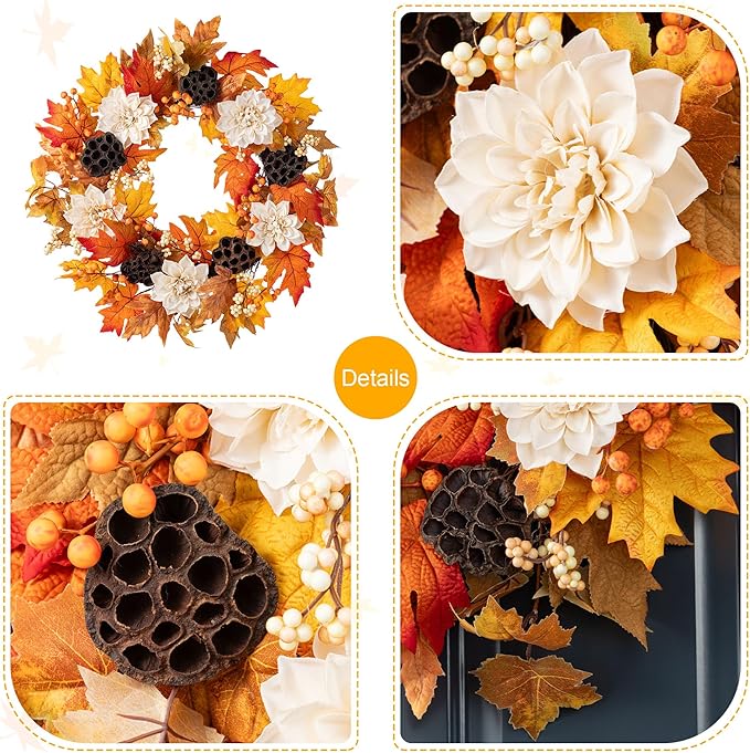 Glitzhome 24" D Fall Sorghum Wreath with Metal Hanger, Harvest Wreath for Front Door, Fall Door Wreaths for Indoor Outdoor Thanksgiving Harvest Holiday Decorations-HomvellaHome