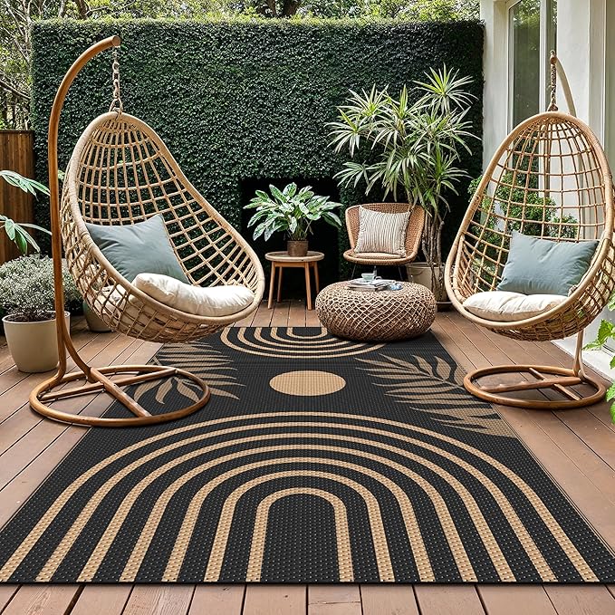 GENIMO Outdoor Rug 5' x 8' Waterproof for Patio Clearance, Reversible Plastic Straw Camping Carpet, Lightweight Rugs Mats for Rv, Backyard, Deck, Porch, Picnic, Balcony, Mix-Black & Brown-HomvellaHome