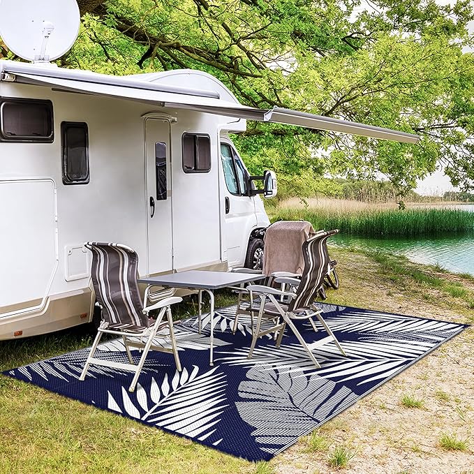 GENIMO Outdoor Rug 4' x 6' Waterproof for Patios Clearance, Reversible Outdoor Plastic Straw Camping Rug Carpet, Large Area Rugs Mats for RV, Camper, Deck, Balcony, Porch, Beach, Navy Blue&White-HomvellaHome
