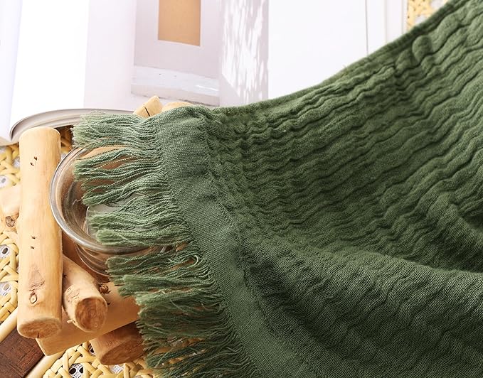 100% Cotton Muslin Throw Blanket for Bed, Couch, Small, Decorative, Soft, Pre-Washed, Breathable and Lightweight Gauze Blanket with Tassels, Suitable for All Seasons, Olive Green, 50"x60"-HomvellaHome