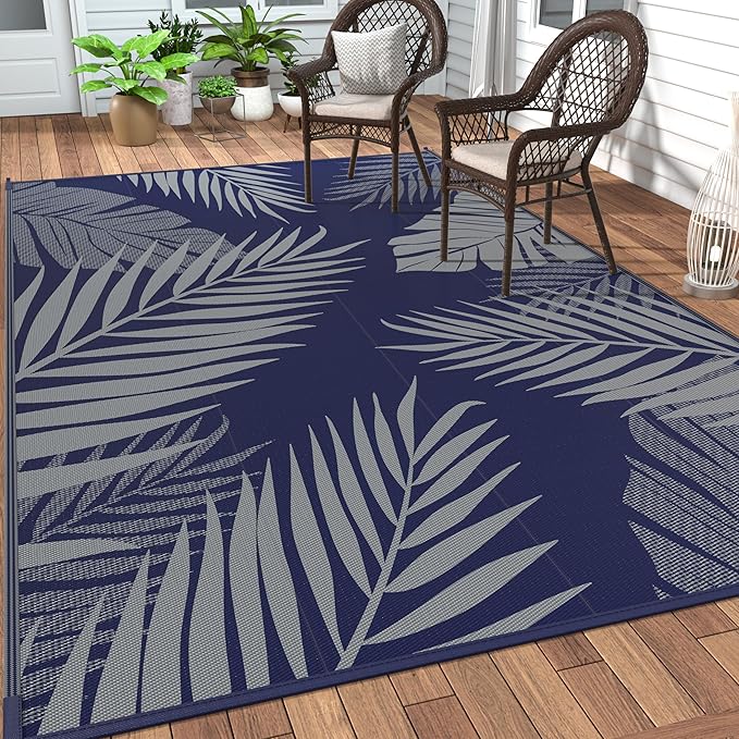 GENIMO Outdoor Rug 6' x 9' Waterproof for Patios Clearance, Reversible Outdoor Plastic Straw Camping Rug Carpet, Large Area Rugs Mats for RV, Camper, Deck, Balcony, Porch, Beach, Picnic Navy Blue&Grey-HomvellaHome