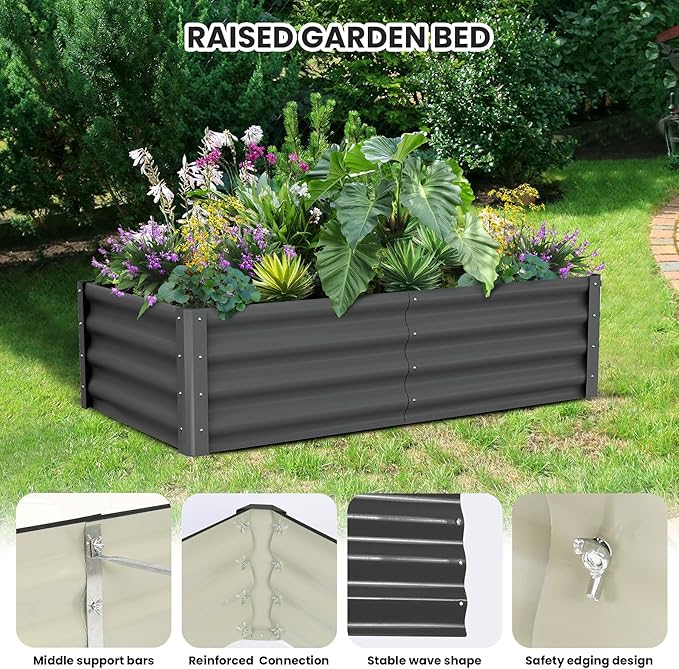 Galvanized Raised Garden Bed Outdoor, 2 Pcs 6x3x1FT Outdoor Large Planter Raised Beds Open Base with Safety Edge and Glove for Vegetables Flowers Ground Planter, Dark Gray-HomvellaHome