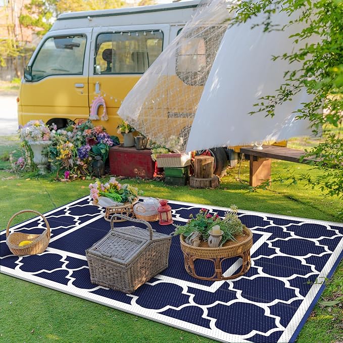 GENIMO Outdoor Rug 8' x 10' Patio Waterproof, Foldable Reversible Plastic Straw Area Rugs Mat for Camper Decor, Outside Carpet for Rv, Deck, Porch, Picnic, Beach, Balcony, Blue & White-HomvellaHome