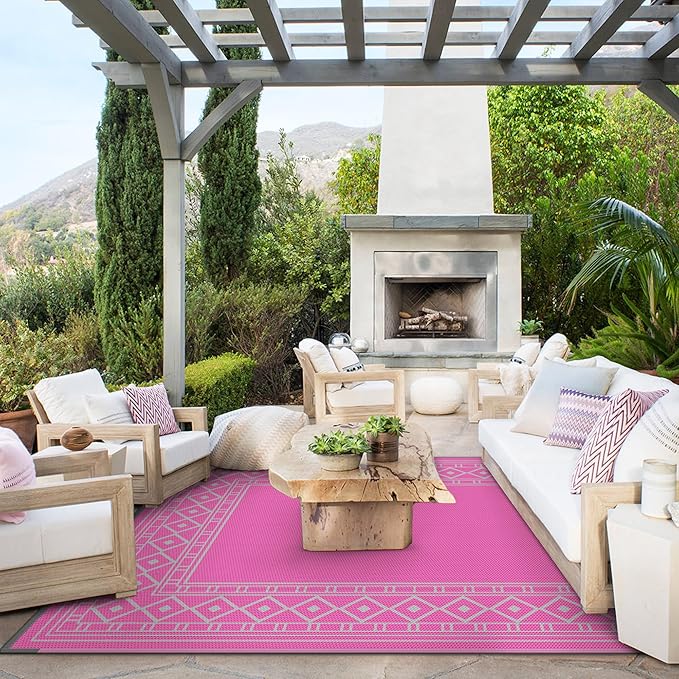 GENIMO Outdoor Rug Waterproof 6'x9' for Patio, Foldable Reversible Plastic Straw Carpet for Travel Trailers, Outside Area Mat for Rv, Deck, Picnic, Porch, Camper, Balcony, Beach, Pink & Grey-HomvellaHome