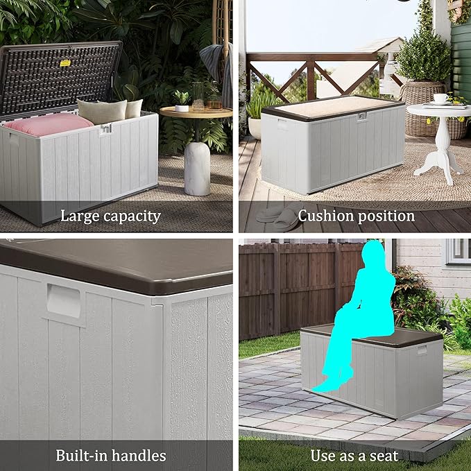 110 Pro Gallon Resin Deck Box, Waterproof Outdoor Storage Bin for Patio, Poolside, and Garden, Lockable & UV-Resistant, Ideal for Small Spaces, Coffee-HomvellaHome