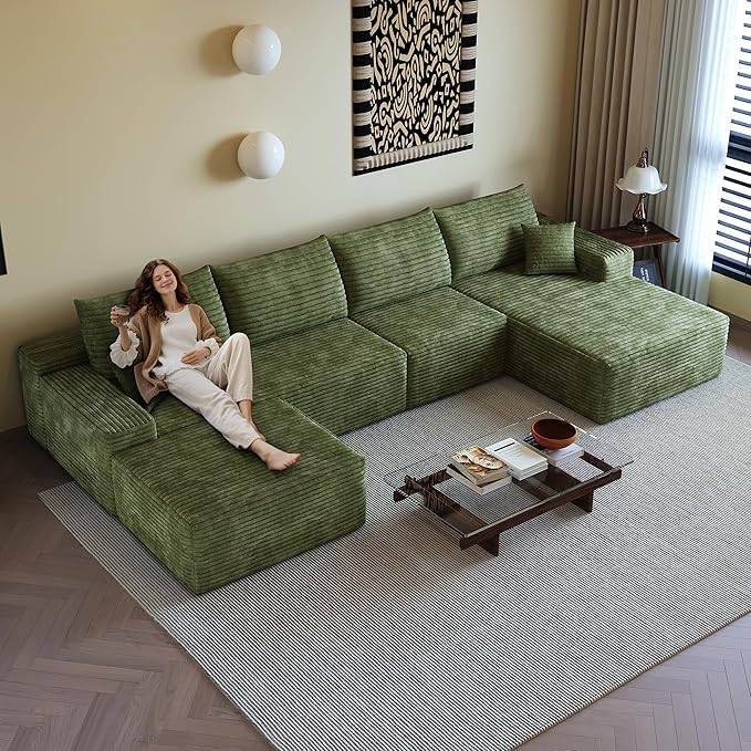 108" Sectional Couches for Living Room Modern Modular Sofa with L-Shape Couchs Upholstered Boneless Couch Deep Seat Sectional Couch with Chaise (Green, Right Facing Chaise+3Seaters+Ottoman)-HomvellaHome