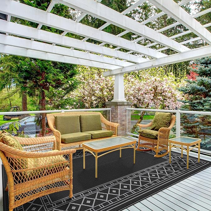 GENIMO Outdoor Rug 5'x8' Waterproof for Patio Decor, Reversible Outdoor Plastic Straw Rug Carpet, Camping Mats for Outdoor, RV, Backyard, Deck, Balcony, Picnic, Black & Grey-HomvellaHome