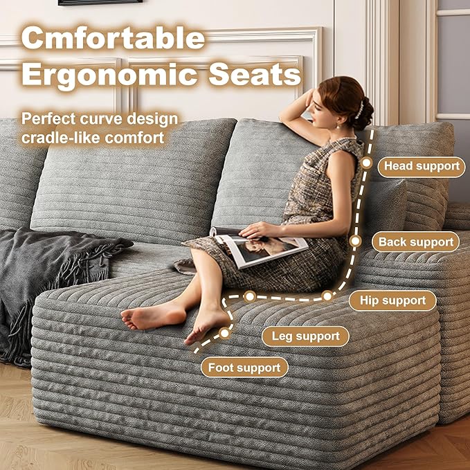 108" Sectional Couches for Living Room Modern Modular Sofa with L-Shape Couchs Upholstered Boneless Couch Deep Seat Sectional Couch with Chaise (Grey, Left Facing Chaise+2Seaters+1Ottoman)-HomvellaHome