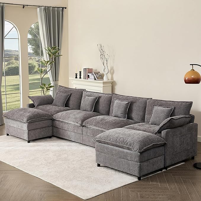 142.5" U Shaped Couch, Modular Sectional Sofa, 3-Seater Comfy Cloud Couch with Movable Ottoman, Deep Seat Couches for Living Room, Chenille, Slate-HomvellaHome