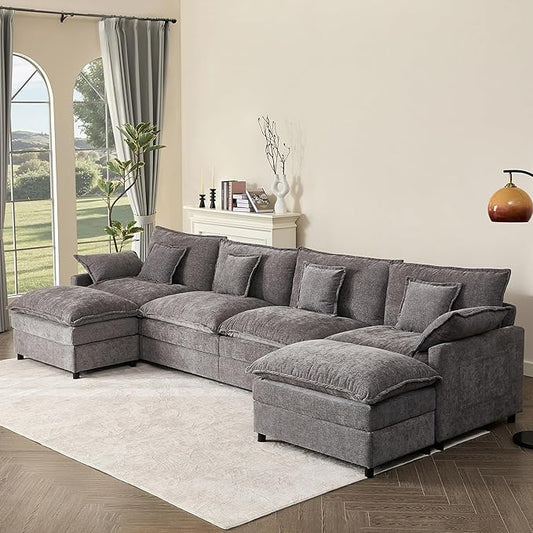 142.5" U Shaped Couch, Modular Sectional Sofa, 3-Seater Comfy Cloud Couch with Movable Ottoman, Deep Seat Couches for Living Room, Chenille, Slate-HomvellaHome