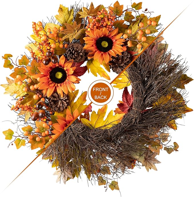 Glitzhome 24'' Fall Wreath for Front Door Decor, Artificial Autumn Orange Wreath with Sunflower, Maple Leaf and Berry Ornament for Wall Fireplace Farmhouse Thanksgiving Day Harvest Festival Decor-HomvellaHome