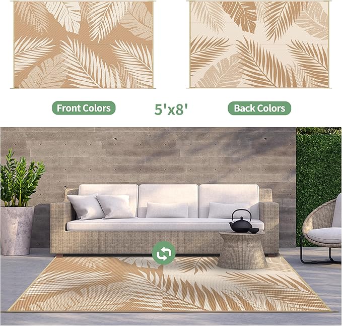 GENIMO Outdoor Rug 5' x 8' Waterproof for Patios Clearance, Reversible, Plastic Straw Camping Rug Carpet, Large Area Rugs Mats for RV, Picnic, Backyard, Deck, Balcony, Porch, Beach, Brown&Beige-HomvellaHome