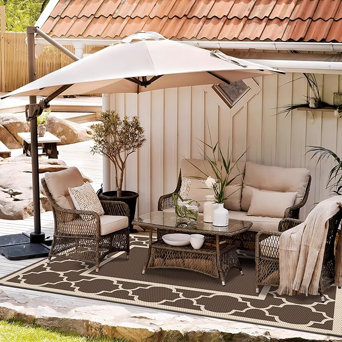 GENIMO 6' x 9' Outdoor Rug Waterproof for Patio Decor, Foldable Reversible Plastic Straw Area Rugs Mat for Camper, Outside Carpet for Rv, Deck, Porch, Picnic, Beach, Balcony, Coffee & Beige-HomvellaHome