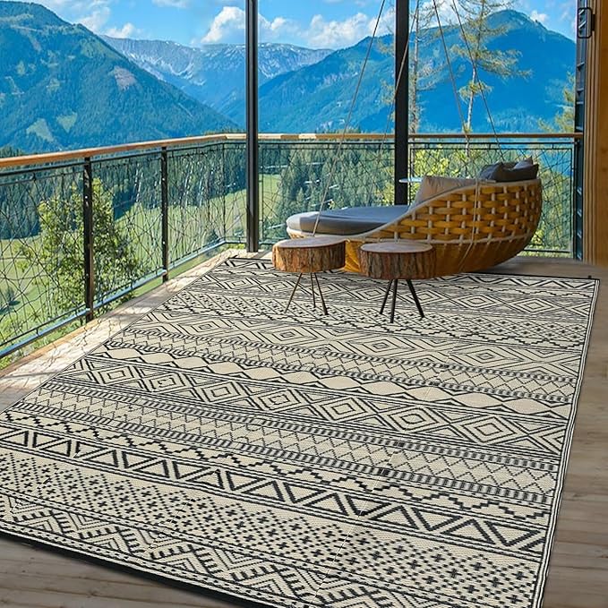 GAOMON Outdoor Rug for Patio Clearance 5x8 Reversible Plastic Straw Patio Rug for Camping Stain & UV Resistant RV Mats for Porch, Deck, Backyard, Camper, Balcony, Picnic, Black&Brown-HomvellaHome