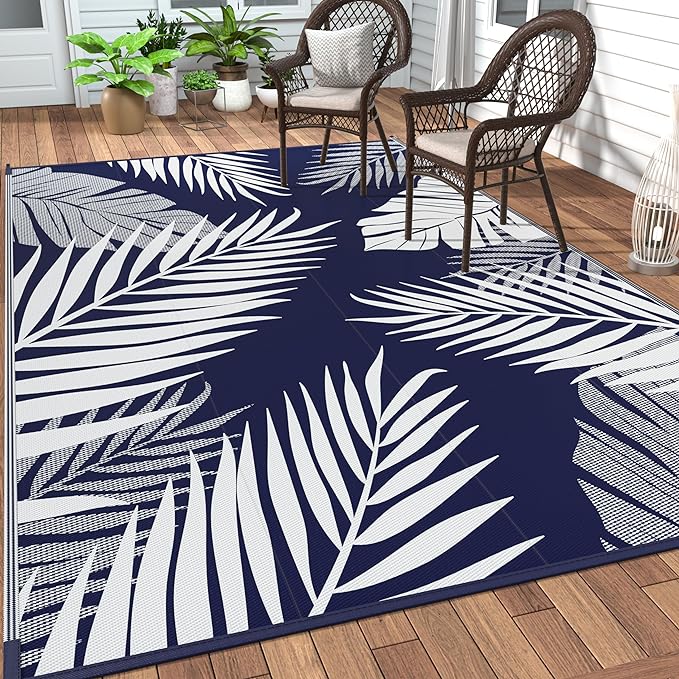 GENIMO Outdoor Rug 10' x 14' Waterproof for Patios Clearance, Reversible Outdoor Plastic Straw Camping Rug Carpet, Large Area Rugs Mats for RV, Camper, Deck, Balcony, Porch, Beach, Navy Blue&White-HomvellaHome
