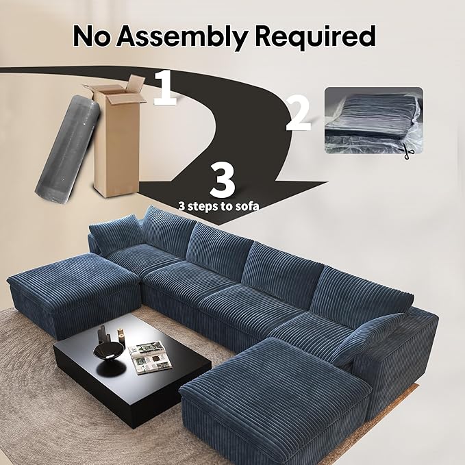 157.5" U Shaped Modern Sofa Modular Sectional Cloud Couch with 2 Ottoman,Deep Seat Upholstered Couches with Corduroy Fabric for Living Room Furniture,Bedroom and Apartment,No Assembly Required,Blue-HomvellaHome