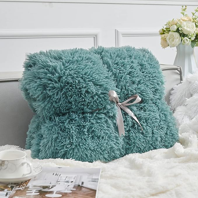 GONAAP Fuzzy Faux Fur Throw Blanket Twin Size Light Teal Super Soft Cozy Plush Fuzzy Shaggy Blanket for Couch Sofa Bed (Light Teal, Twin(60"x80"))-HomvellaHome