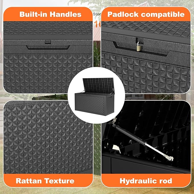 100 Gallon Resin Deck Box, Lockable Patio Outdoor Storage Box for Furniture, Garden Tools and Tools Storage, Waterproof Outside Storage Boxes - Patterned black-HomvellaHome